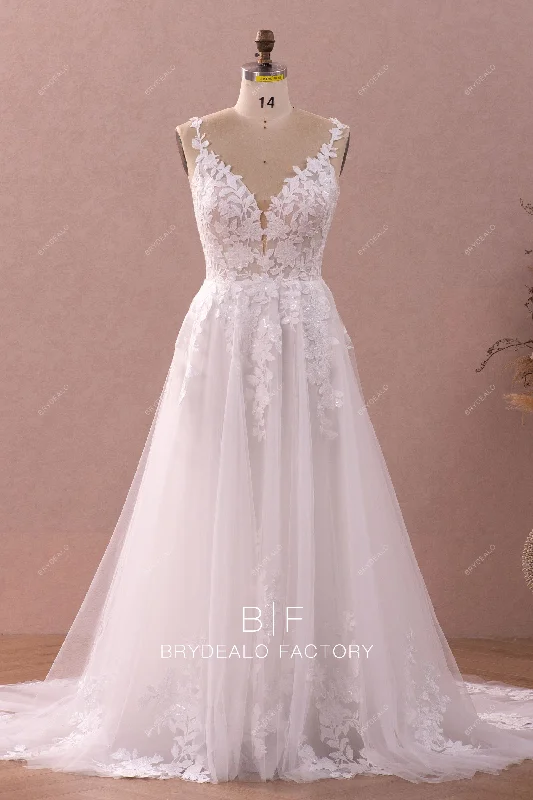 Romantic Flower Lace Sleeveless A-line Tulle Wholesale Bridal Gown Lace Party Dress