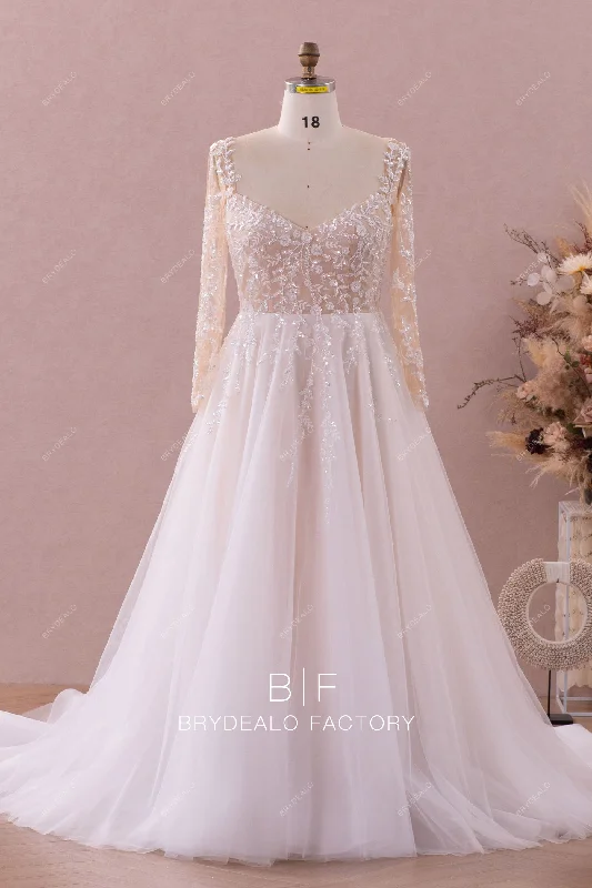 Luxury Illusion Sleeved Lace A-line Wedding Dress Lace Gown Style