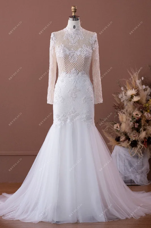 Luxury Illusion High Neck Beaded Lace Wedding Dress Lace A-line Dress