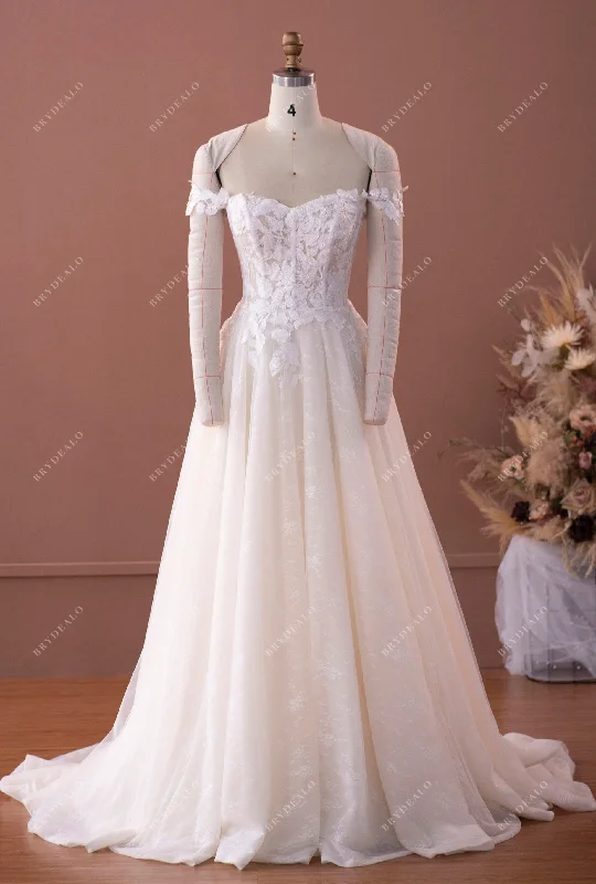 Off Shoulder Illusion Bodice Lace A-line Wedding Dress Sleeveless Lace Dress