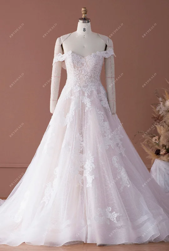 Off Shoulder Sweetheart Lace Horsehair Hem Ballgown Wedding Dress Ruffled Lace Dress