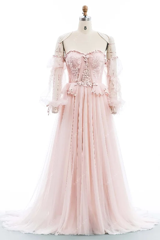 Pearl Pink Lace Tulle Sweetheart A-line Wedding Dress Lace Dress Elegance