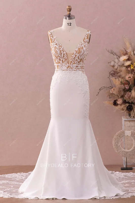 Plunging Beaded Lace Crepe Cutout Train Mermaid Bridal Dress Chic Lace Dress