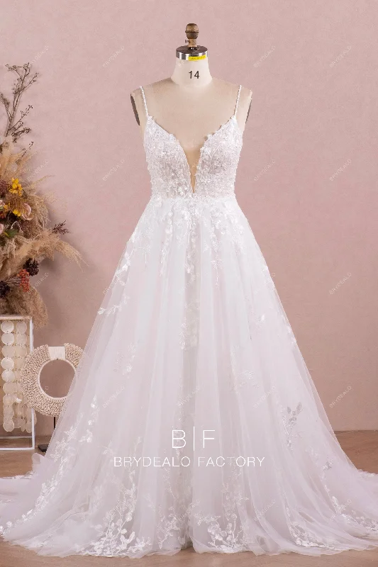 Plunging Neck Lace Classic A-line Chapel Wedding Dress Lace Bridesmaid Dress