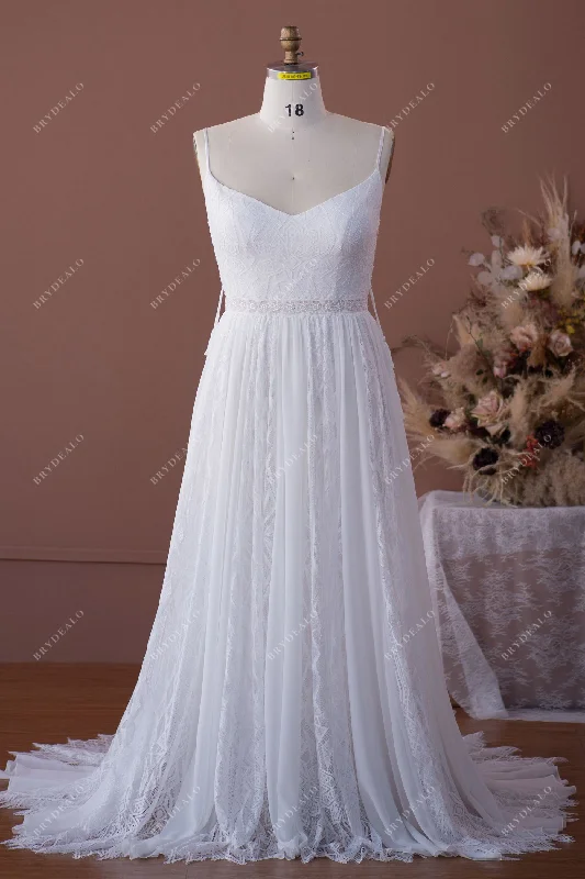 Plus Size Flowing Lace Chiffon Boho A-line Wedding Dress Blue Lace Dress