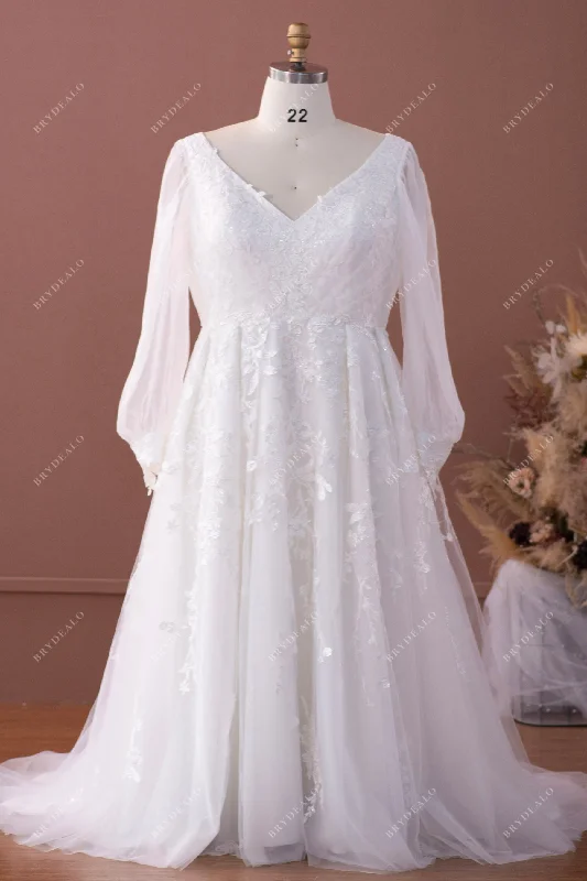 Plus Size Long Bubble Sleeve Lace A-line Wedding Dress Lace Dress Glamour