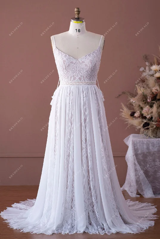 Plus Size Soft Lace Chiffon Boho Beige A-line Wedding Dress Lace Dress Shine