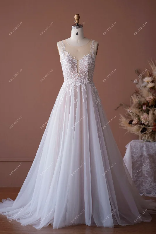 Romantic Beaded Lace Illusion A-line Bridal Dress Sleeveless Lace Dress