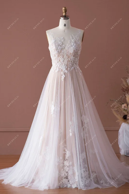 Romantic Beaded Lace Tulle Beach Wedding Dress Lace Dress Deep V