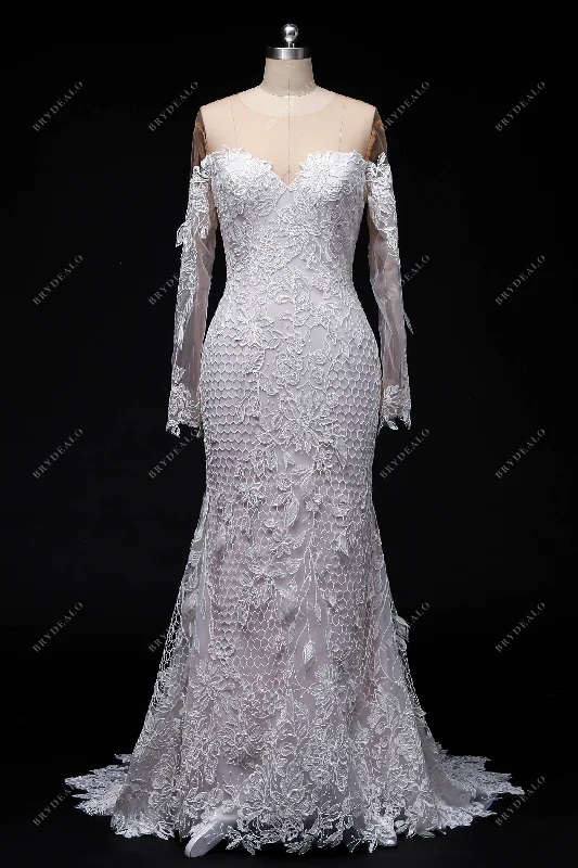 Romantic Rustic Lace Sleeved Mermaid Wedding Dress Lace Dress Elegance