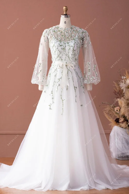 Rustic Flower Lace Bubble Sleeve Blouse A-line Wedding Dress Lace Dress Appeal