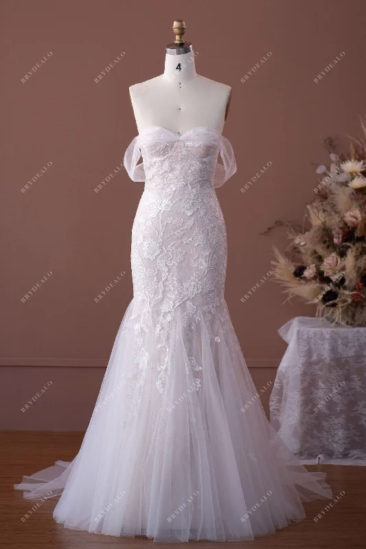 Shimmery Off Shoulder Lace Tulle Mermaid Wedding Gown Vintage Lace Dress