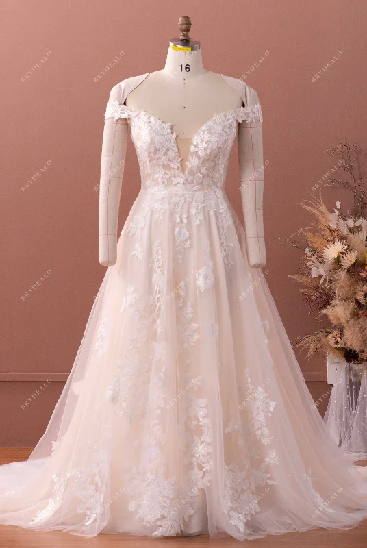 Shimmery Off Shoulder Plunging Lace Wedding Dress Lace Skater Dress