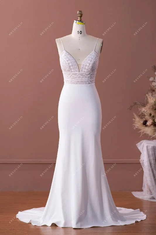 Simple Plunging Lace Crepe Mermaid Wedding Dress Lace Gown Glam