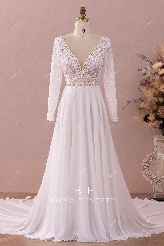 Sleeved Lace Flowing Chiffon Wedding Dress Elegant Lace Dress