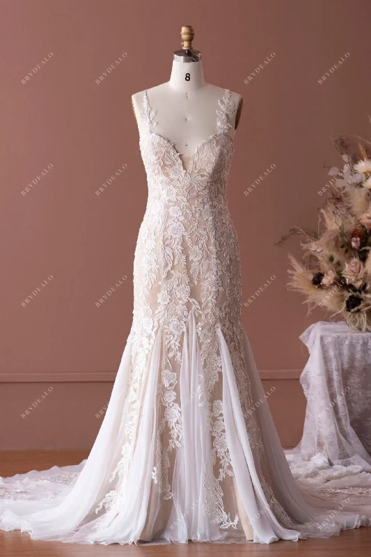 Spaghetti Strap Lace Long Fishtail Godet Wedding Dress Lace Detail Gown