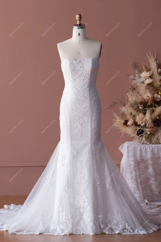 Strapless Lace Mermaid Wedding Dress with Long Train Lace Dress Layers