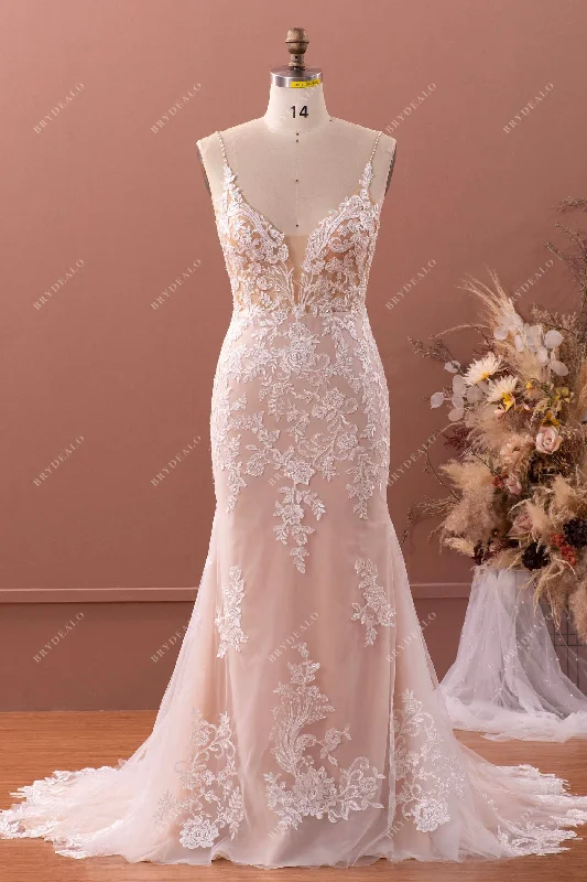 Thin Straps Flower Lace Wedding Dress with Cutout Train Lace Gown Glam