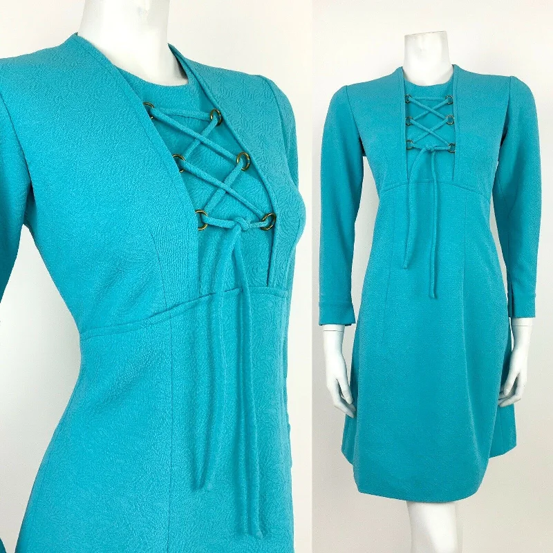 VINTAGE 60s 70s AQUA TURQUOISE TEAL BLUE CORSET LACED MOD DRESS 10 12 Elegant Lace Dress