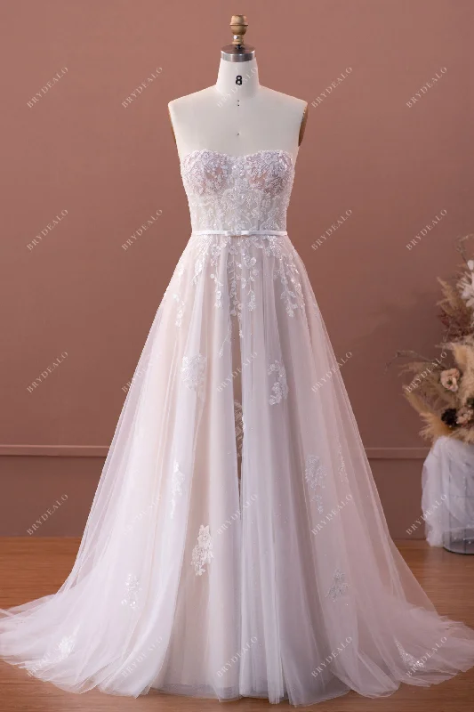 Visible Boning Sweetheart Corset Lace A-line Wedding Dress Satin Lace Dress