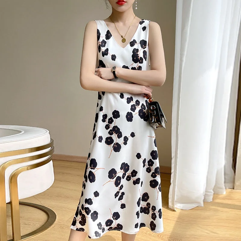 Explosive French Acetate Sling Dress Women's Summer New Waist Long Skirt High-End Printed Skirt Suit Matching Embellished Maxi Skirt