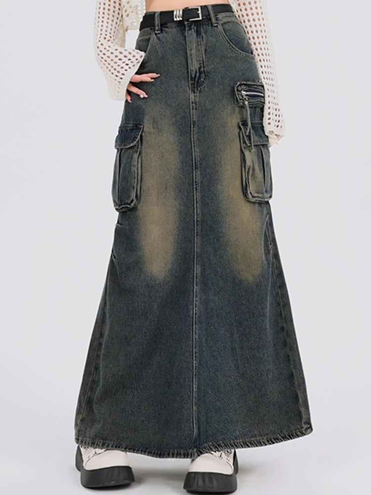 Girlary 2024 Women Y2k High Waist Denim Ankle Length Cargo Skirts Girls Robe Cool Casual Wrap Dress Female Gray A Line Long Skirts Jeans Front Pocket Maxi