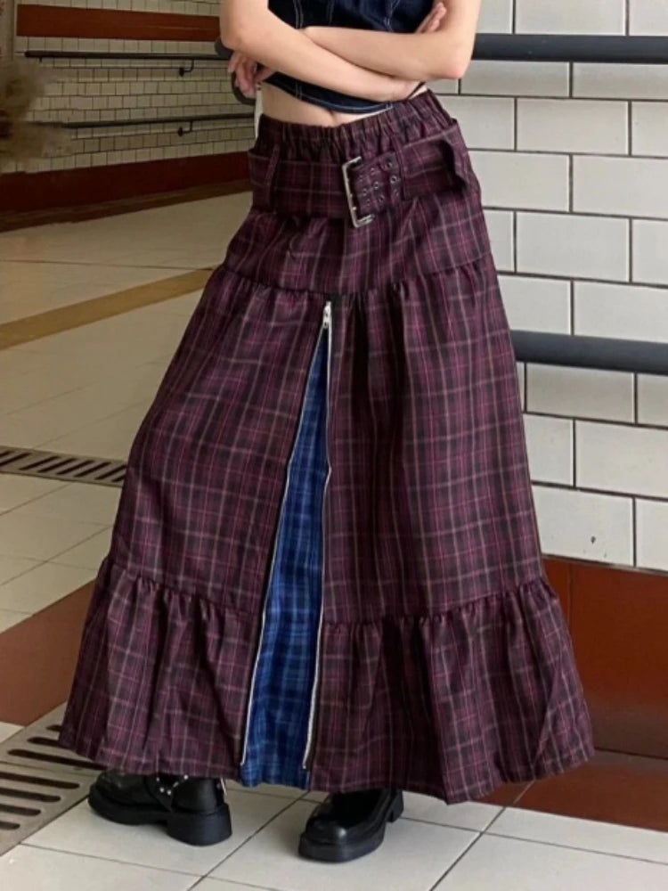 Girlary Plaid Long Maxi Skirt Women Y2k American Retro Zipper Belt High Waist A-line Tiered Skirt Do Old School 90s Dress Gothic Comfortable Maxi Skirt