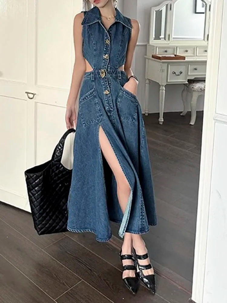 Girlary Retro Denim Dress Women's Summer New Shirt Collar Hollow Split Waist Long Skirt Sleeveless One-piece Sexy Denim Dresses Floral Maxi Skirt