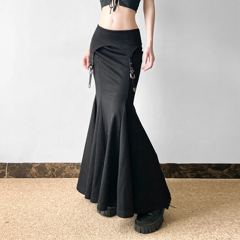 Girlary-shop cybergoth dress to impress Design Metal Buckle Stitching Sheath Fishtail Skirt 2024 Autumn New Dark Hot Girl Style Low Waist Skirt Long Skirt Flowy Maxi Skirt