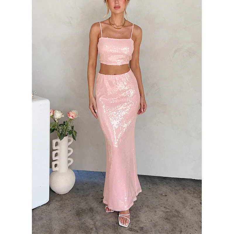 Girlary-shop going out outfits Sexy Sling Backless Slim Sequined Long Dress Two-Piece Women's Tube Top Skirt Suit Skirt with Slits