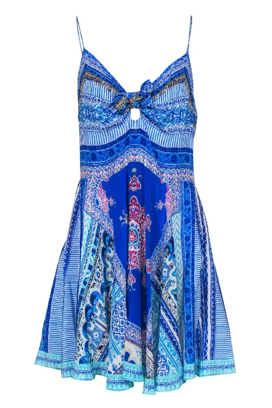 Camilla - Blue Paisley Slip Dress w/ Knotted Front & Sequins Sz M Sequin Dress Outfit