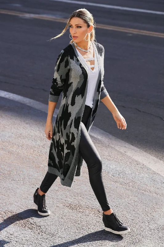 Camo Long Sleeve Duster Black/Gray Midi Maxi Outfit