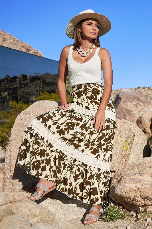 Floral Print Lace Detail Tiered Maxi Skirt Cream/Brown Stylish Maxi Skirt