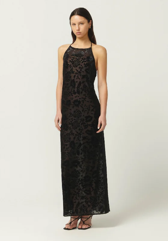 JACQUARD HALTER MAXI BLACK Ruffle Long Maxi