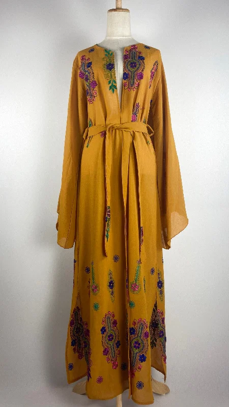 Long Sleeve Open Maxi Cardigan with Embroidery, Mustard Bold Maxi Skirt