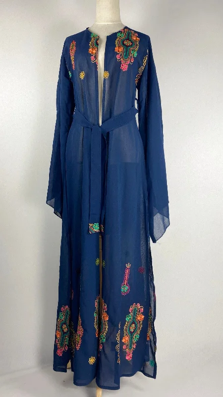 Long Sleeve Open Maxi Cardigan with Embroidery, Navy Front Slit Skirt