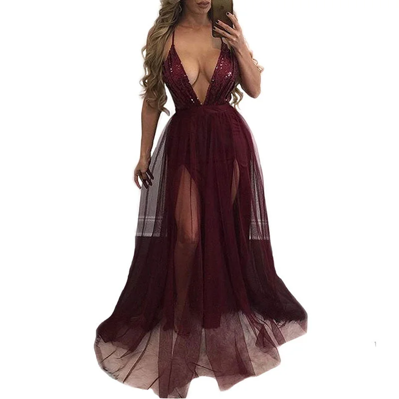 Mesh Sequined Straps V-Neck Prom Dress #Sequined #V-Neck #Straps Backless Sequin Dress