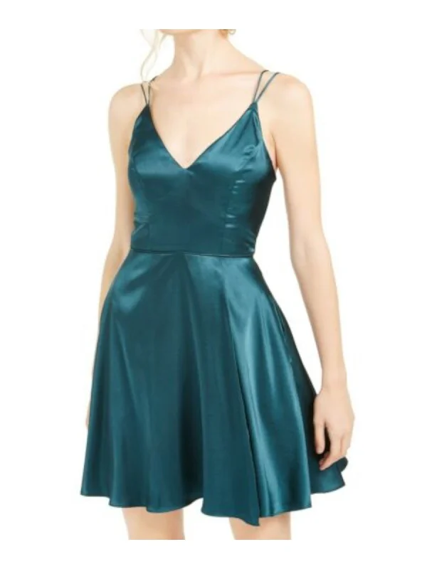 SEQUIN HEARTS Womens Green Pocketed Silk Spaghetti Strap Sweetheart Neckline Short Party Fit + Flare Dress Sequin Gown Chic