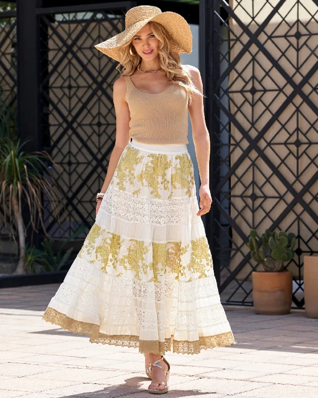 Tiered Gold Lace Maxi Skirt White/Gold Printed A-line Maxi