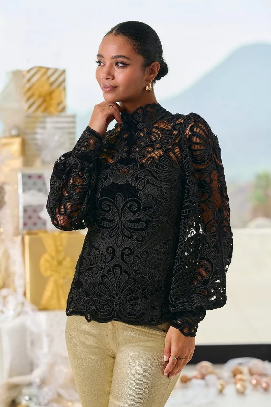 Velvet Lace Mock-Neck Long-Sleeve Blouse Black Floral A-line Skirt