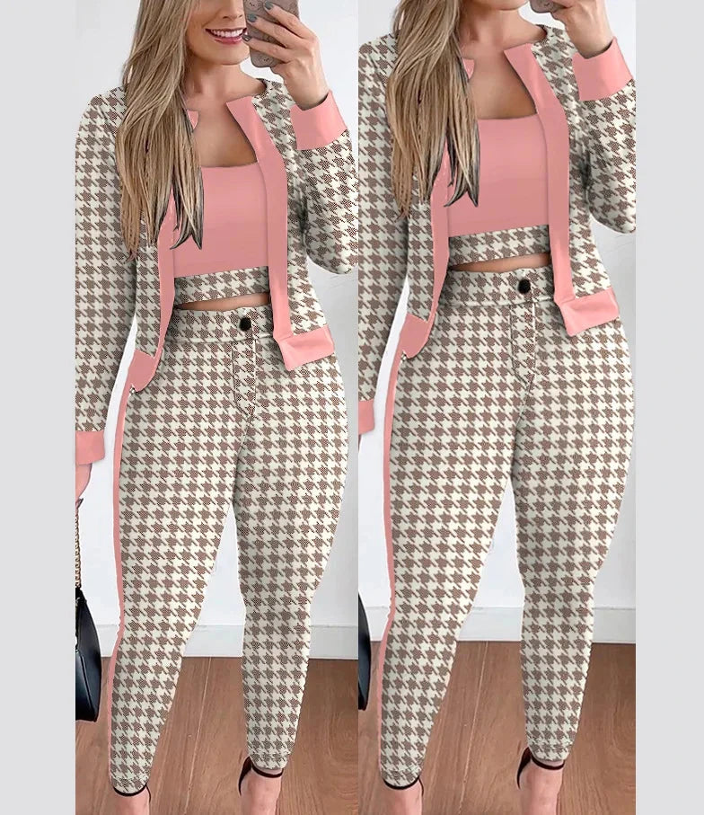 Women's Polyester O-Neck Long Sleeve Plaid Pattern Three-Piece Set Maxi Skirt Set