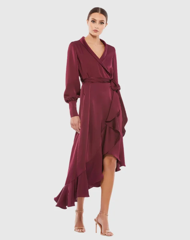 Red Long Sleeve Faux Wrap Midi Dress Casual Midi Outfit