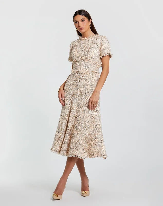 Boucle Short Sleeve A Line Midi Dress Slim Midi Skirt