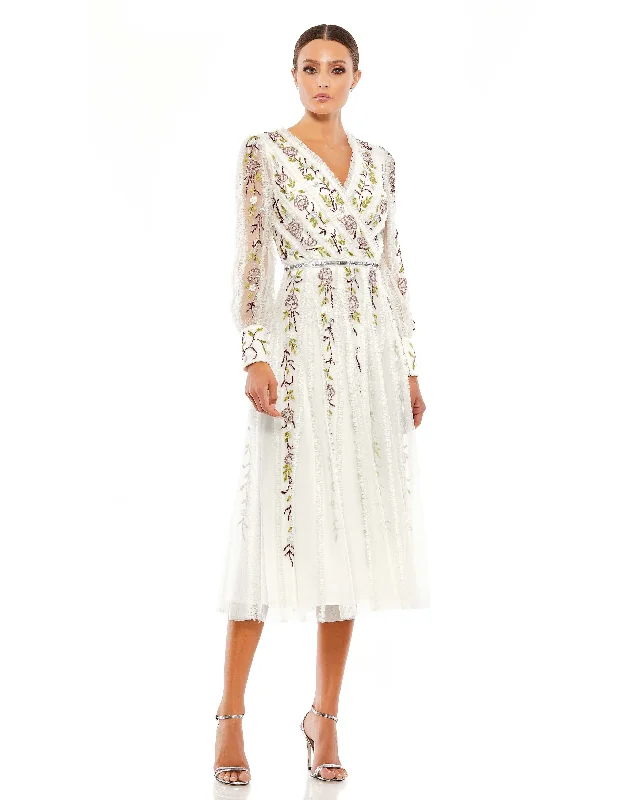 White Multicolor Long Sleeve Embroidered Wrap Midi Dress Maxi Length Midi