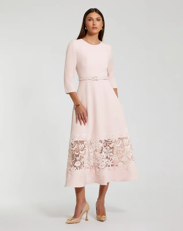 Crepe Boat Neck Midi Dress With Applique Cut Out Front Button Midi