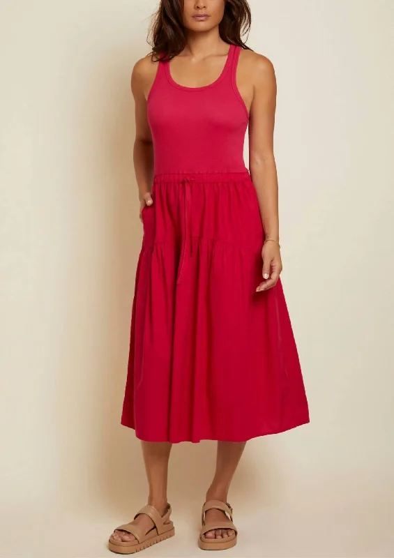 Frannie Combo Midi Dress In Raspberry Soft A-line Skirt