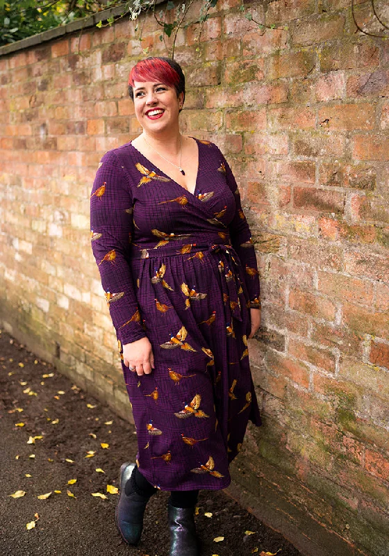 Laine Purple Pheasant Print Cotton Midi Dress Pleated Midi Skirt