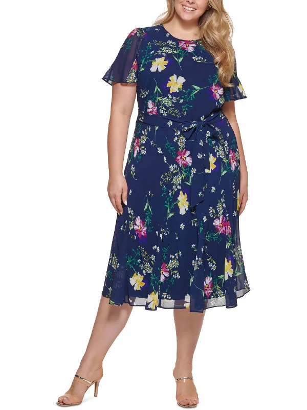 Plus Womens Floral Print Midi Dress A-line Midi Skirt