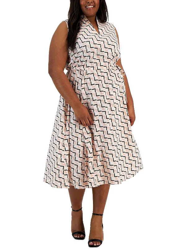 Plus Womens Sheer Geometric Print Midi Dress High-Waisted Midi Skirt