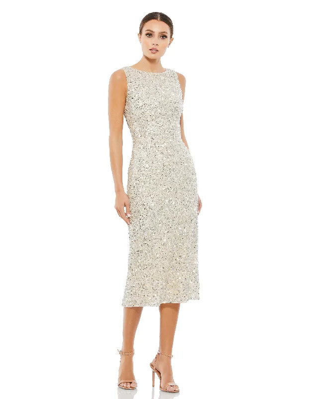 Sleeveless Sequined Midi Sheath Dress Formal Midi Skirt